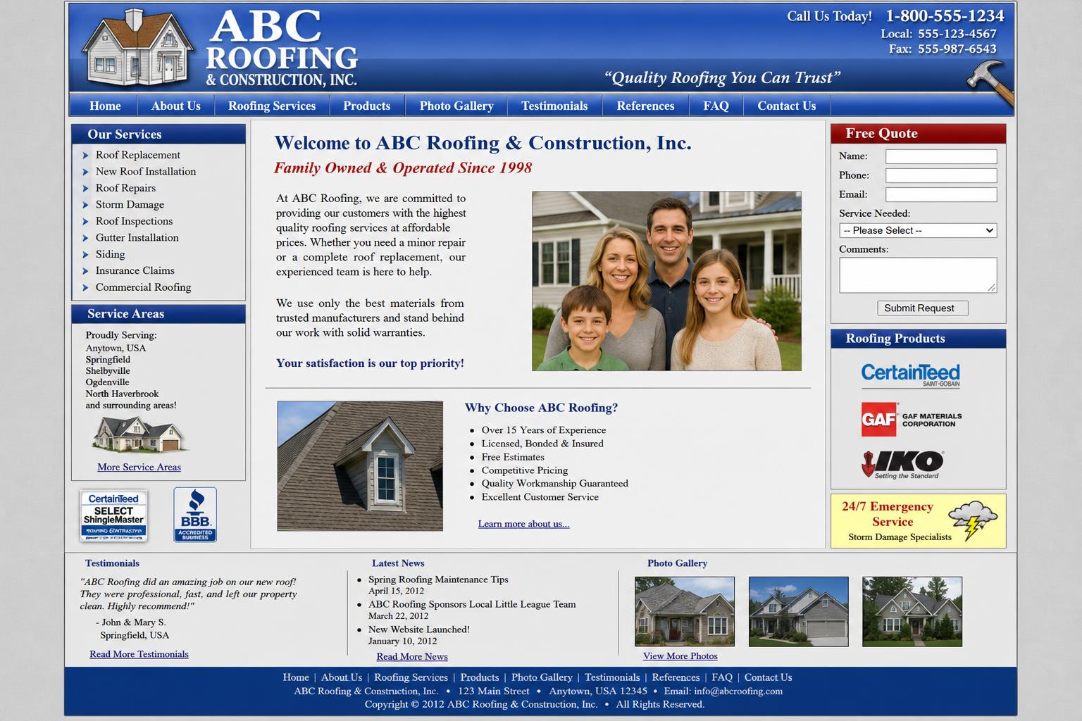 Outdated roofing website preview